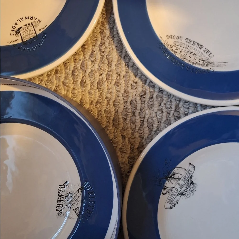 England Williams-Sonoma Blue Rim Stamped Plates - Set of Four Vintage Food Marks
